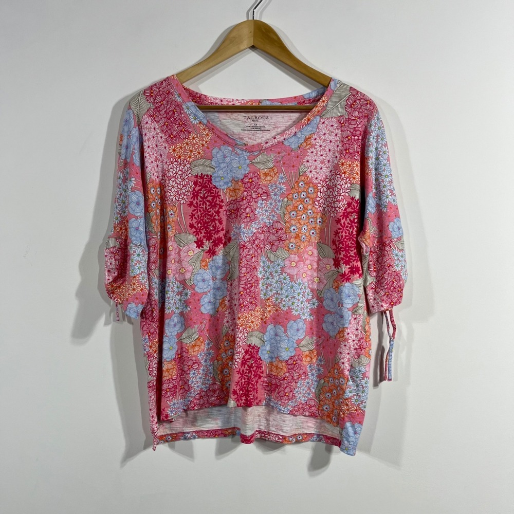 Talbots Retro Psychedelic Floral Top Cotton Boho Coastal Womens Large Petite